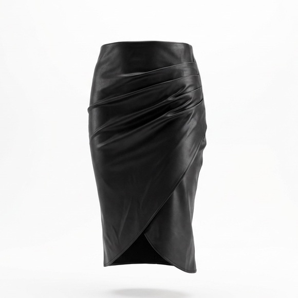 Micas Dresses & Skirts - Black Faux Leather Draped Wrap Midi Skirt Size Medium